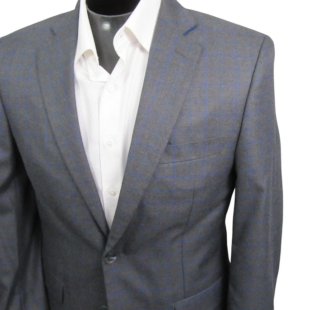 Alan Flusser Sport Coat 40R Gray Blue Windowpane Double Vent‎ Modern
